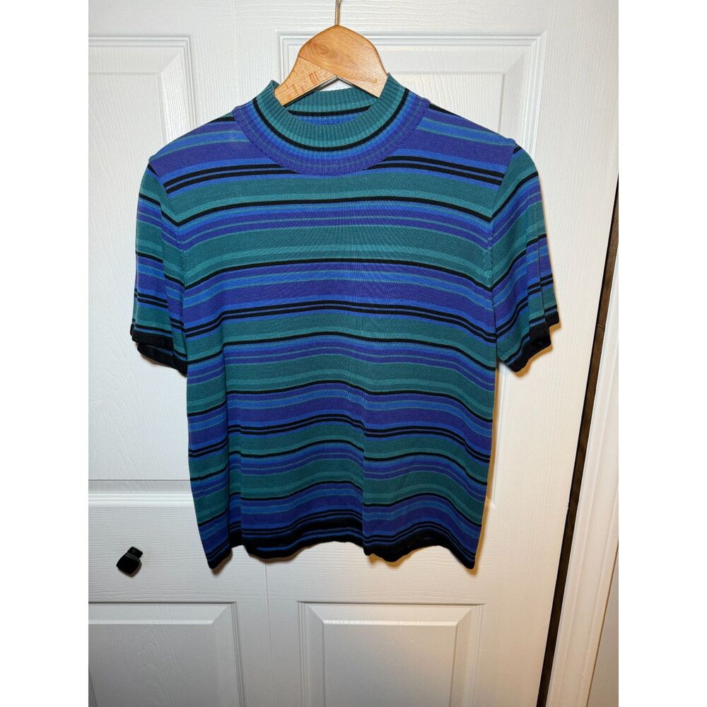 Leslie Fay Haberdashery Striped Knit Mock Neck Top Women's Large Vintage
